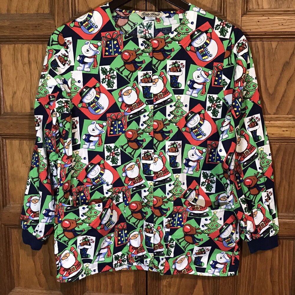 Comfy Cotton Christmas Scrub Snap Top XS Medical Multicolor 2 Pocket Long Sleeve